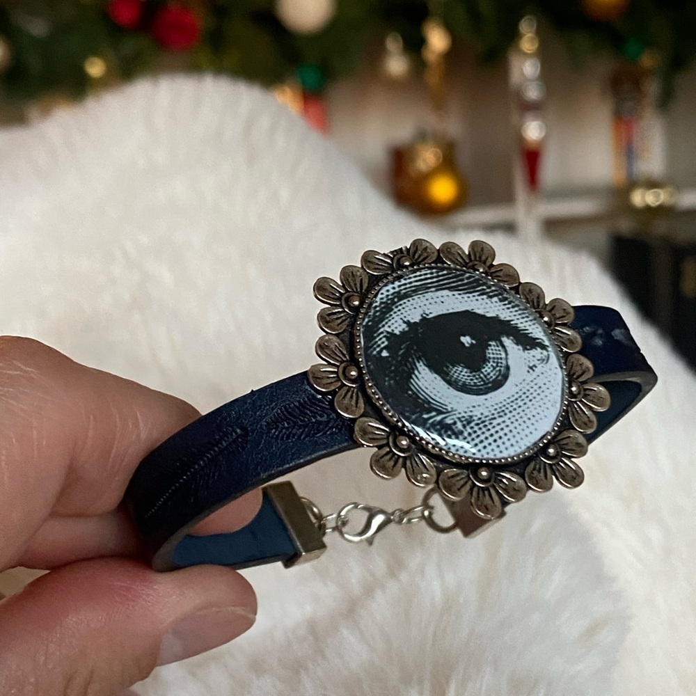 Fornasetti black leather Bracelet with black Band Evil eye Protection - Picture 2 of 7